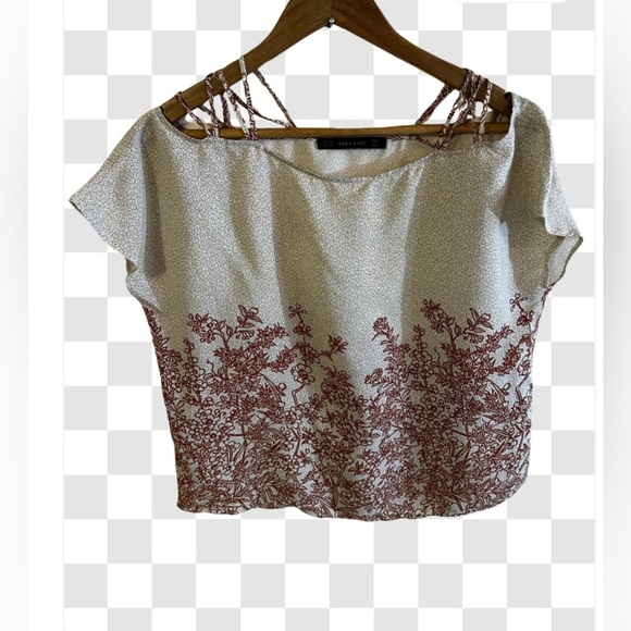 Zara Basic Cold Shoulder Crop Top Women Straps Floral Cap Sleeve XS lightweight - Picture 5 of 16